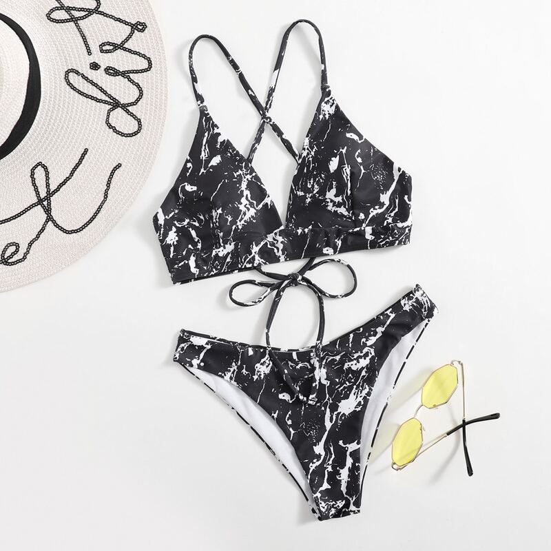 

Marble Pattern Crisscross Back Bikini Swimsuit, Black and white