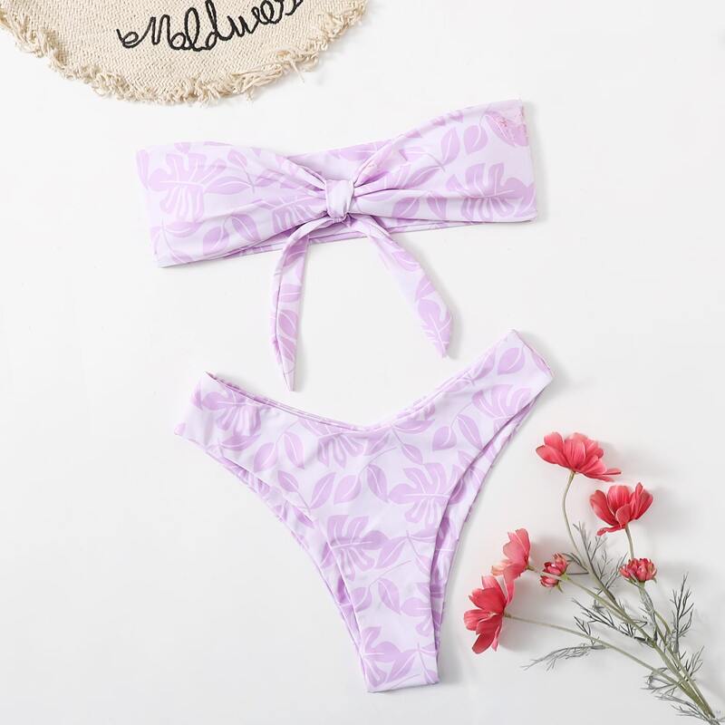 

Leaf Print Knot Front Bikini Swimsuit, Lilac purple