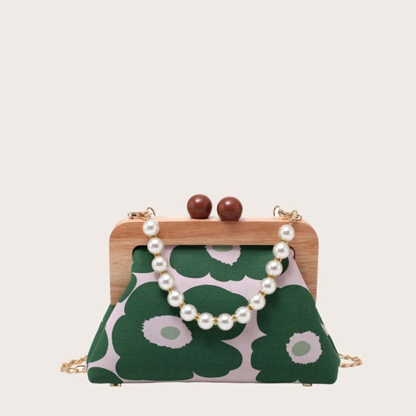 

Faux Pearl Decor Flower Print Satchel Bag, Green