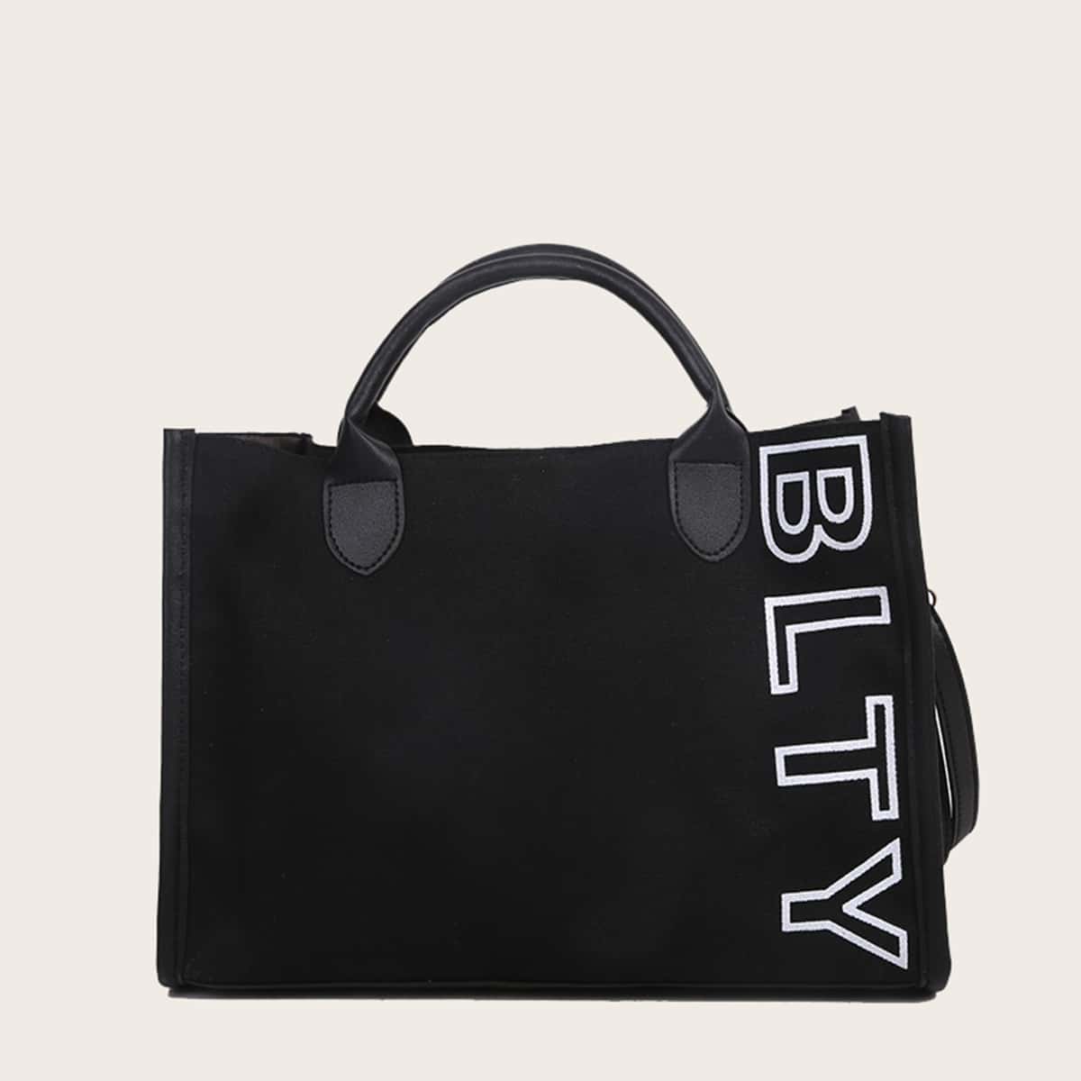 

Letter Graphic Canvas Tote Bag, Black