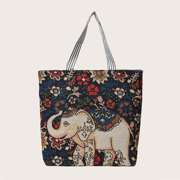 

Flower & Elephant Pattern Tote Bag, Multicolor
