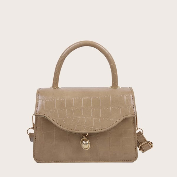 

Croc Embossed Flap Satchel Bag, Khaki