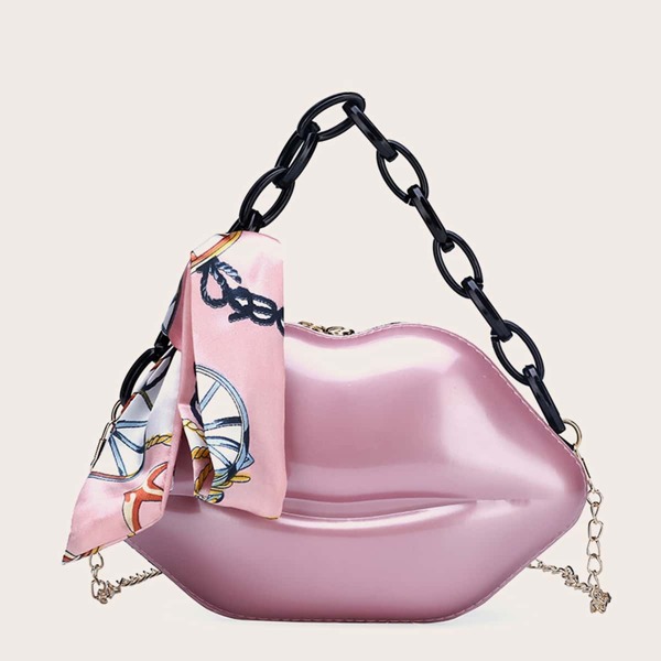 

Twilly Scarf Decor Lips Design Satchel Bag, Pink