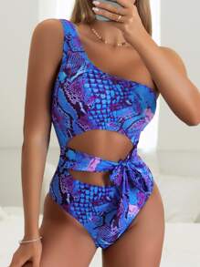 Snakeskin Print Knot Waist One Shoulder One Piece Swimsuit - Multicolor - View 1