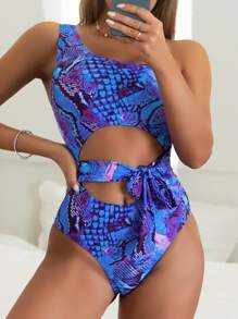Snakeskin Print Knot Waist One Shoulder One Piece Swimsuit - Multicolor - View 4