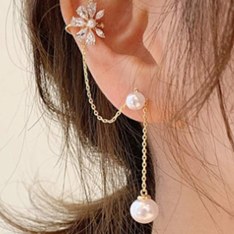 

1pc Faux Pearl & Flower Decor Chain Earrings, Gold