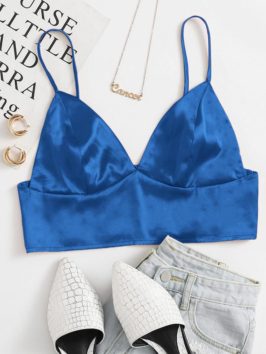 SHEIN ICON Shirred Back Satin Bralette Top - Royal Blue - View 1
