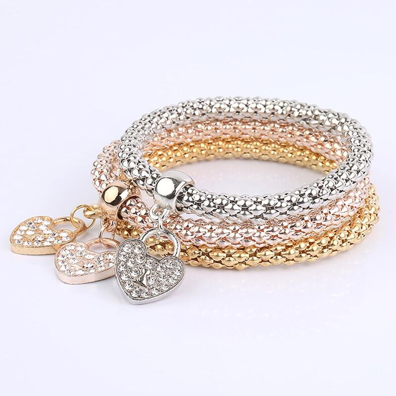 

3pcs Heart Charm Bracelet, Multicolor