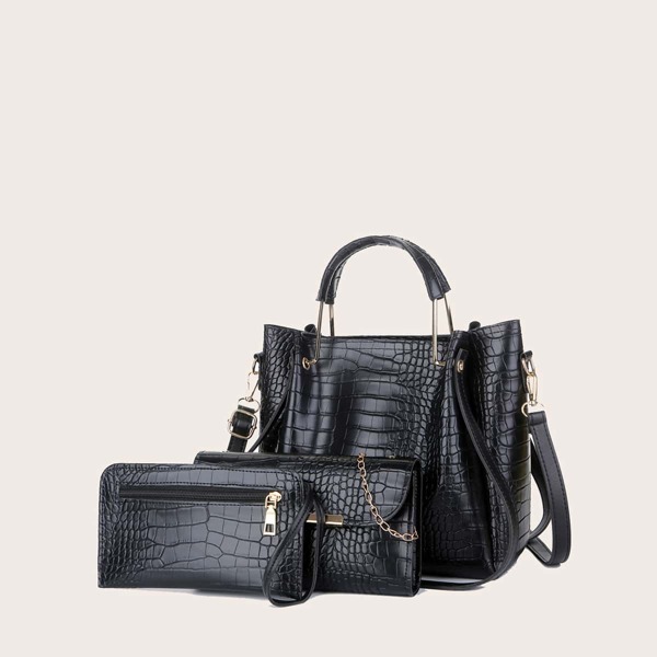

3pcs Croc Embossed Satchel Bag Set, Black