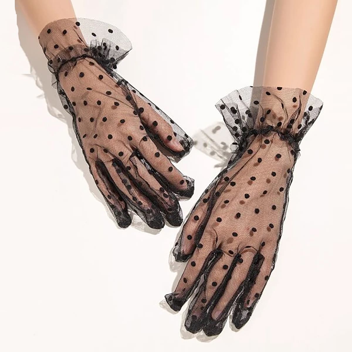 

Polka Dot Print Mesh Gloves, Black