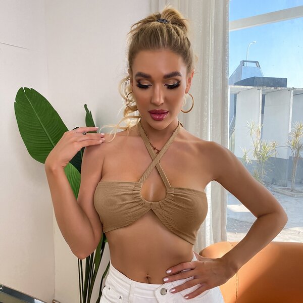

Knot Backless Super Crop Halter Top, Mocha brown