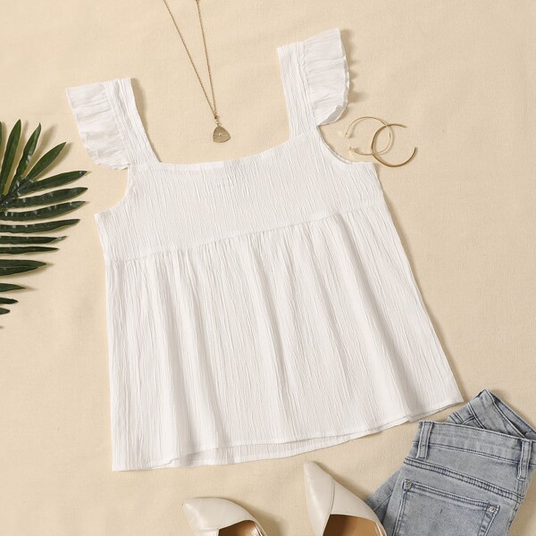 

Solid Ruffle Trim Top, White
