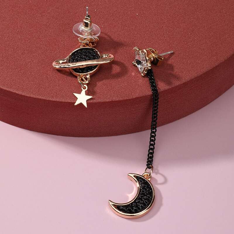 

Planet & Moon Design Drop Earrings, Black