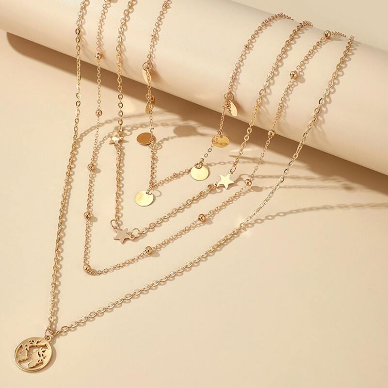 

1pc Round Disc Layered Necklace, Gold