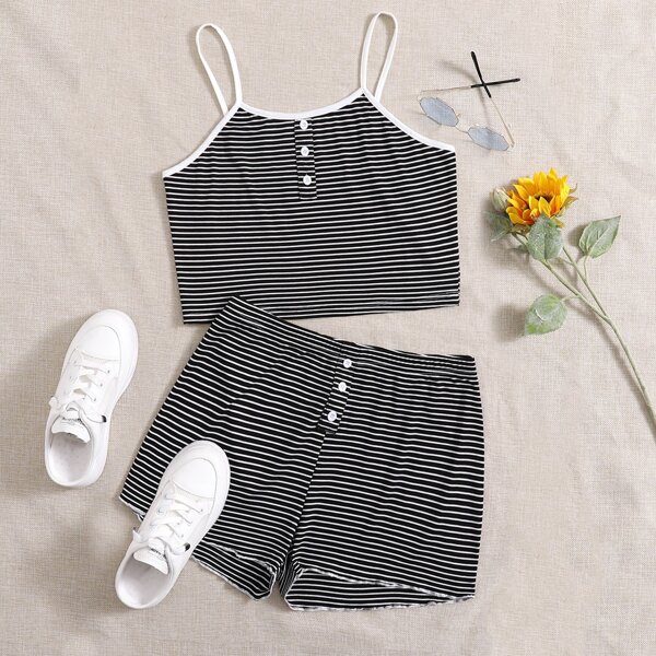 

Plus Striped Contrast Binding Cami Top With Shorts, Black