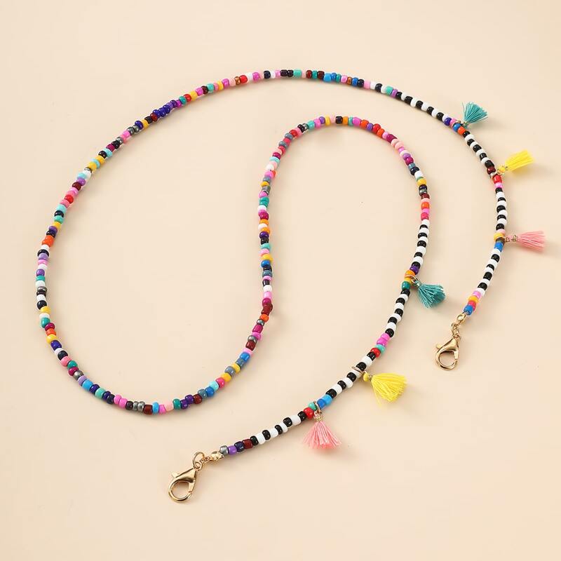 

1pc Tassel Charm Beaded Long Necklace, Multicolor