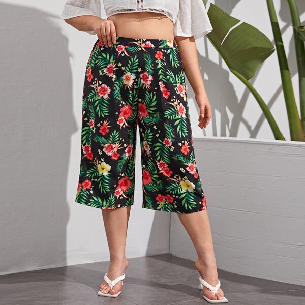 

Plus Tropical Print Wide Leg Capris Pants, Multicolor