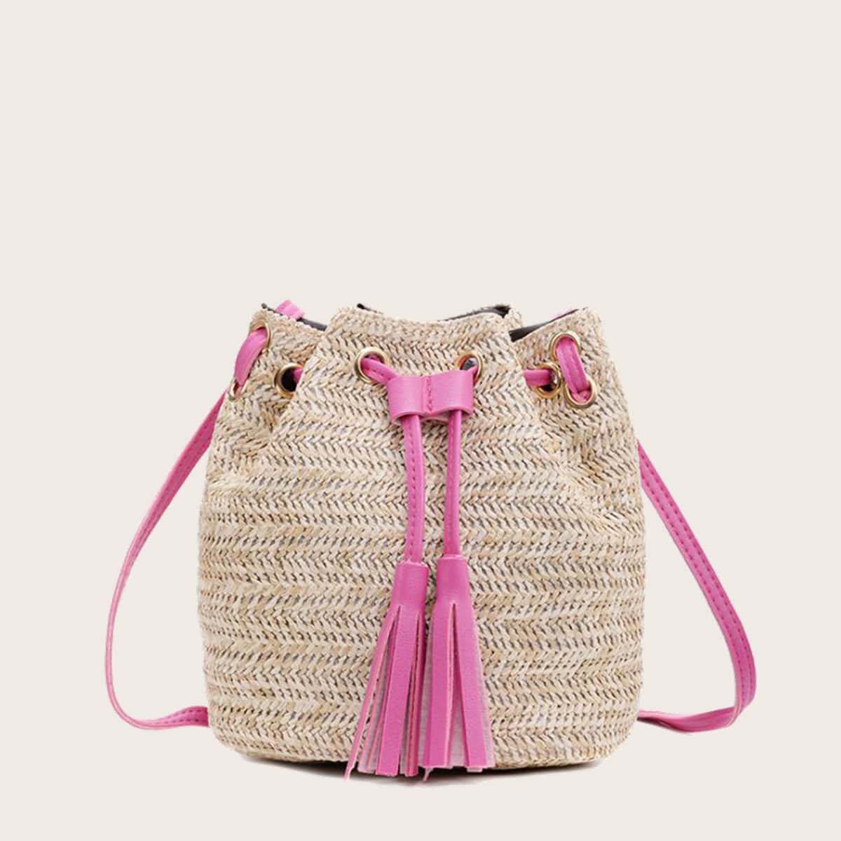 

Tassel Drawstring Straw Bucket Bag, Khaki