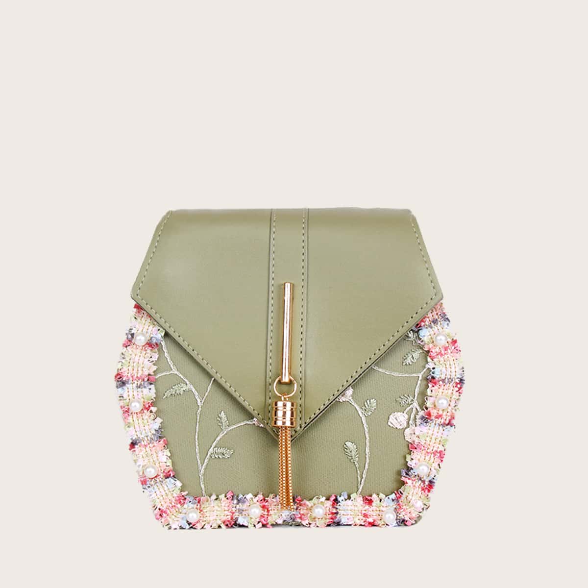 

Floral Embroidery Faux Pearl Trim Crossbody Bag, Mint green