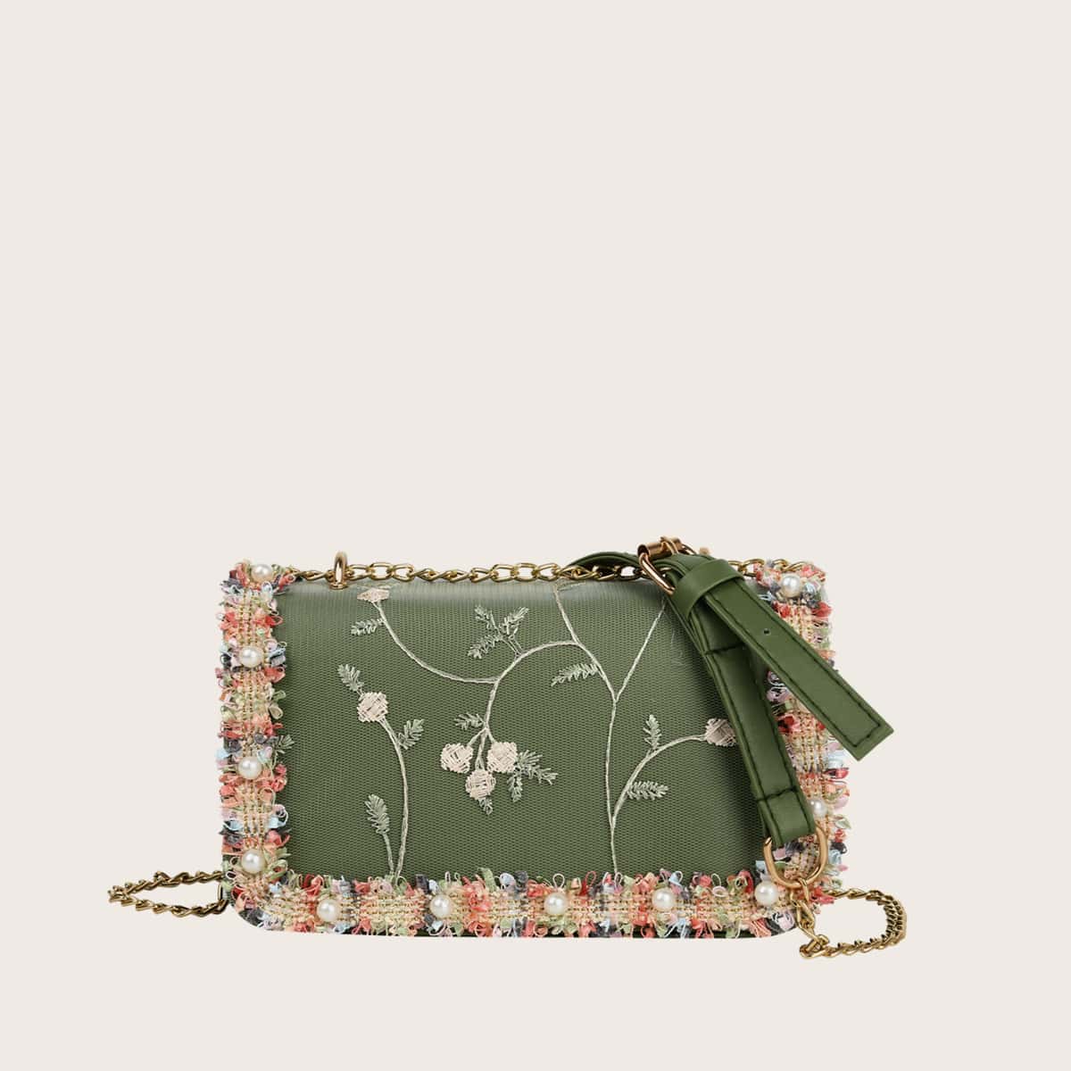 

Floral Embroidery Faux Pearl Trim Crossbody Bag, Mint green