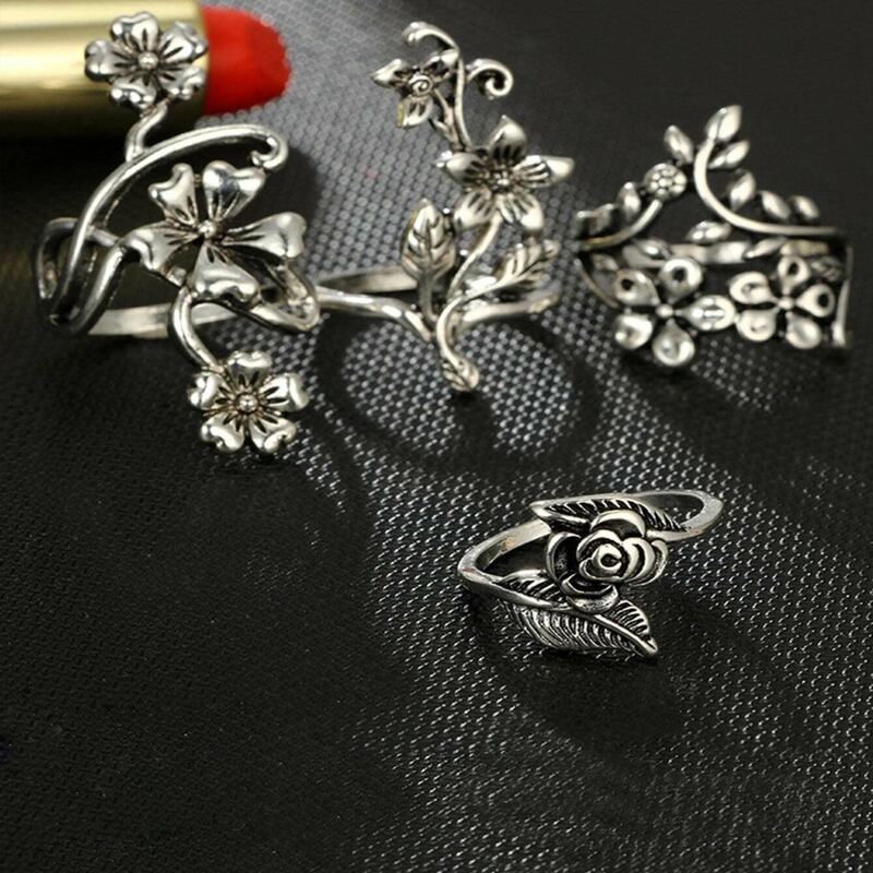 

4pcs Flower Design Ring, Antique silver