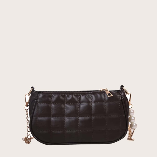 

Faux Pearl Decor Quilted Crossbody Bag, Coffee brown
