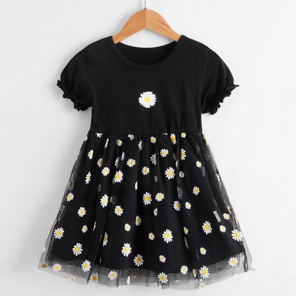 

Toddler Girls Floral Contrast Mesh Smock Dress, Black