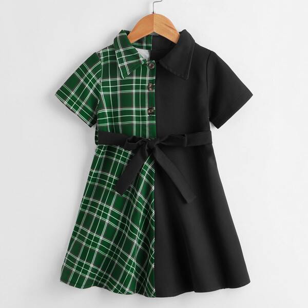 

Toddler Girls Plaid Spliced Belted Shirt Dress, Multicolor