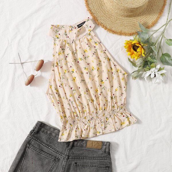 

Ditsy Floral Ruffle Hem Halter Top, Apricot