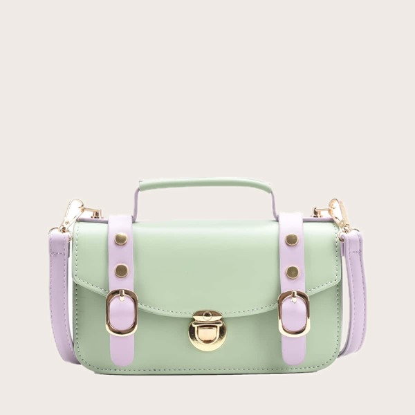 

Studded Decor Push Lock Satchel Bag, Green
