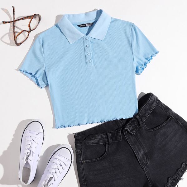 

Lettuce Trim Polo Collar Crop Tee, Baby blue