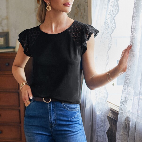 

Guipure Lace Butterfly Sleeve Tee, Black