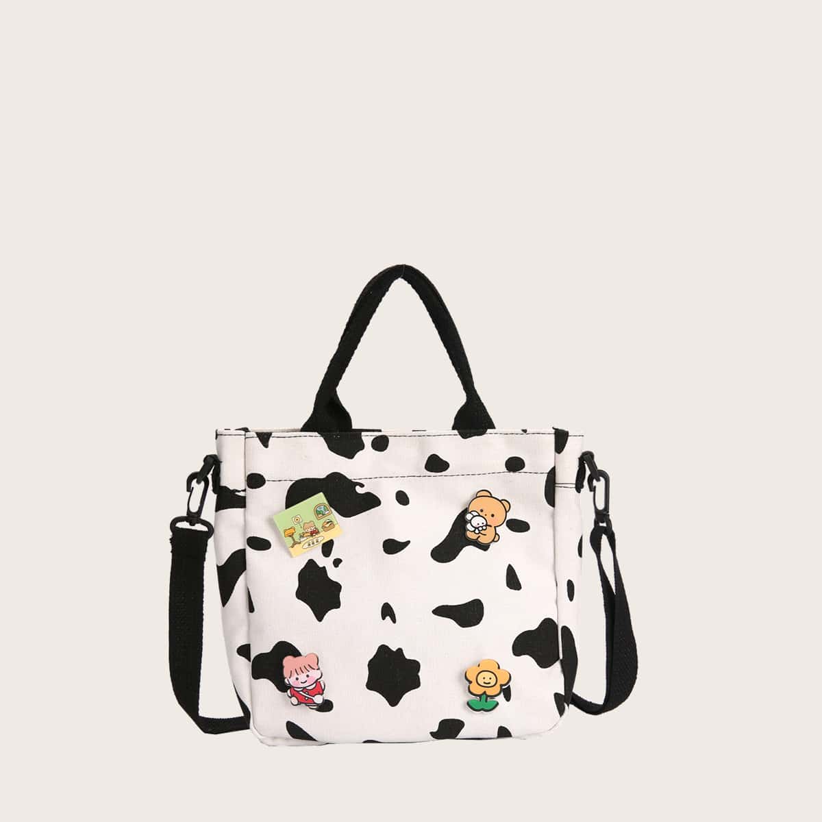 

Cow Print Canvas Tote Bag, Black and white