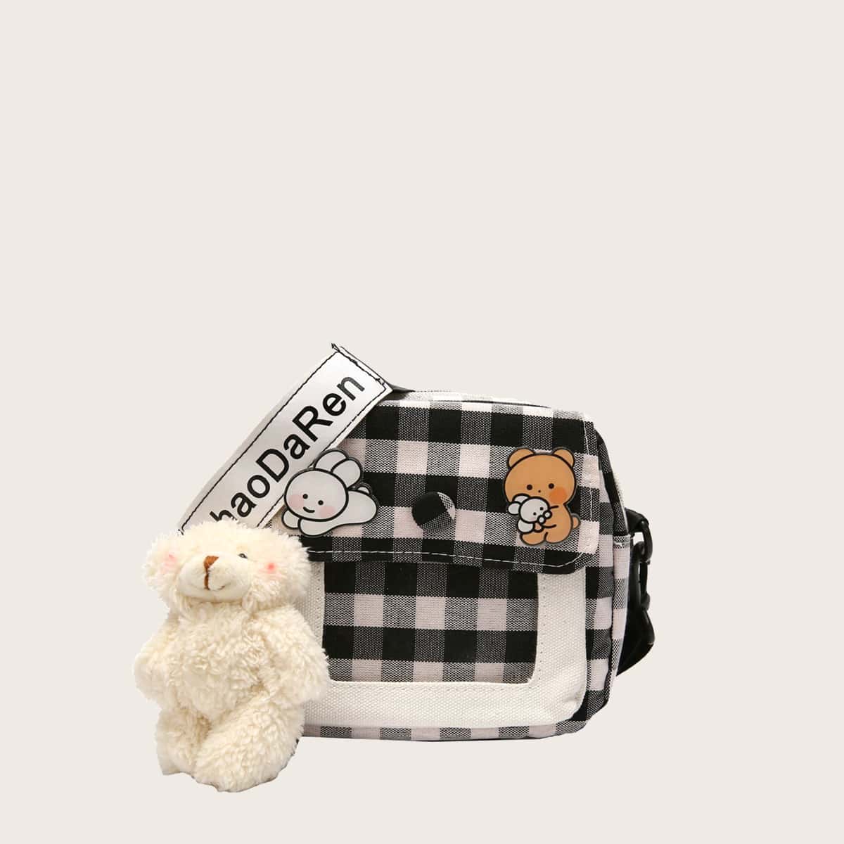 

Cartoon Gingham Crossbody Bag, Black and white