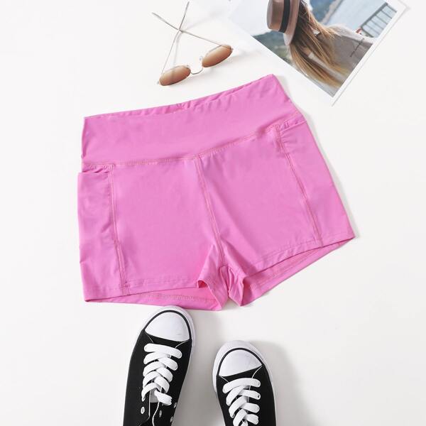 

Wide Waistband Phone Pocket Biker Shorts, Hot pink