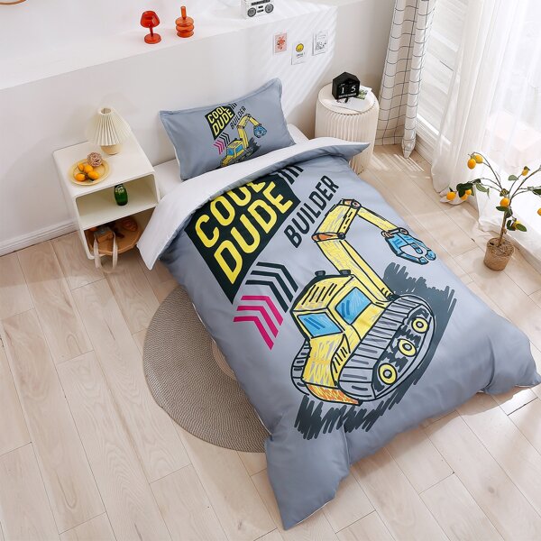 

Kids Excavator Print Duvet Cover Set Without Filler, Grey