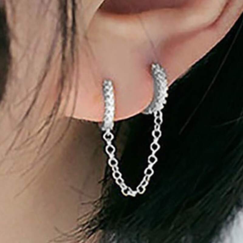 

1pc Rhinestone Chain Linked Hoop Earrings, Silver