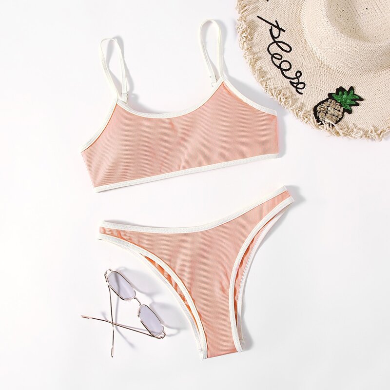 

Ribbed Contrast Binding Bikini Swimsuit, Multicolor