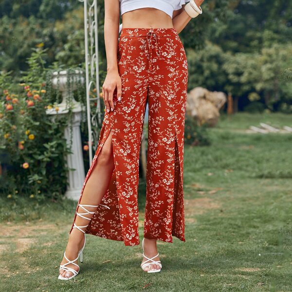 

Split Hem Ditsy Floral Pants, Red