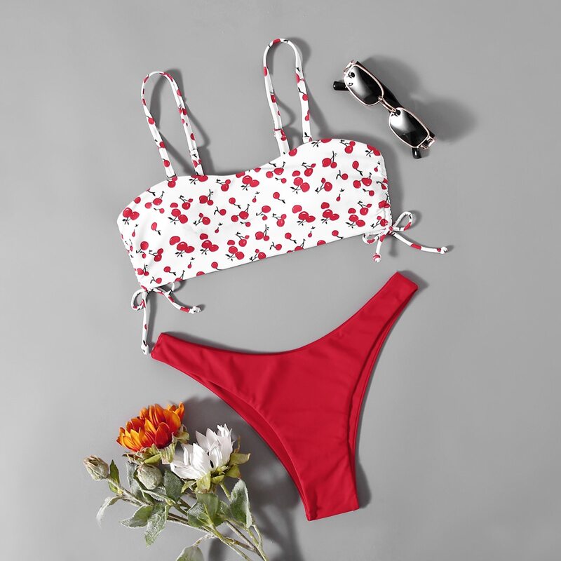 

Cherry Print Drawstring Side Bikini Swimsuit, Red