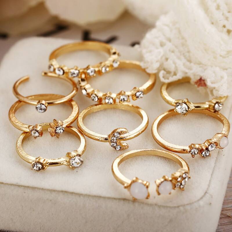

9pcs Rhinestone Decor Ring, Gold