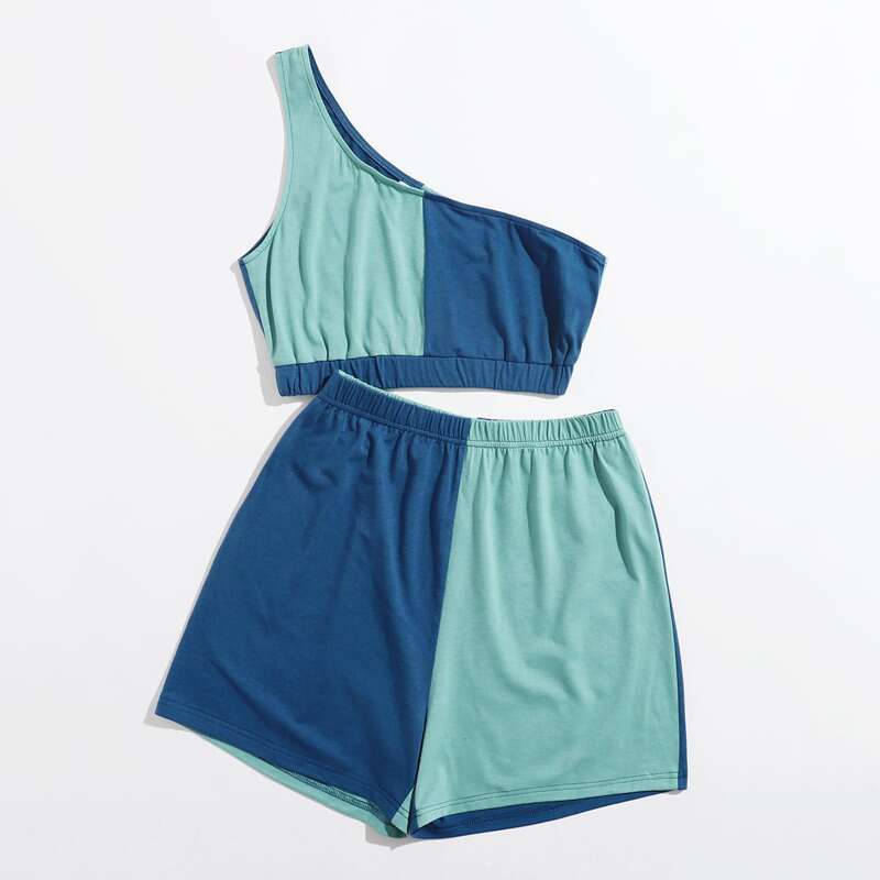 

Two Tone One Shoulder Crop Top & Shorts, Multicolor