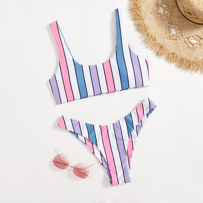 

Stripe High Leg Bikini Swimsuit, Multicolor
