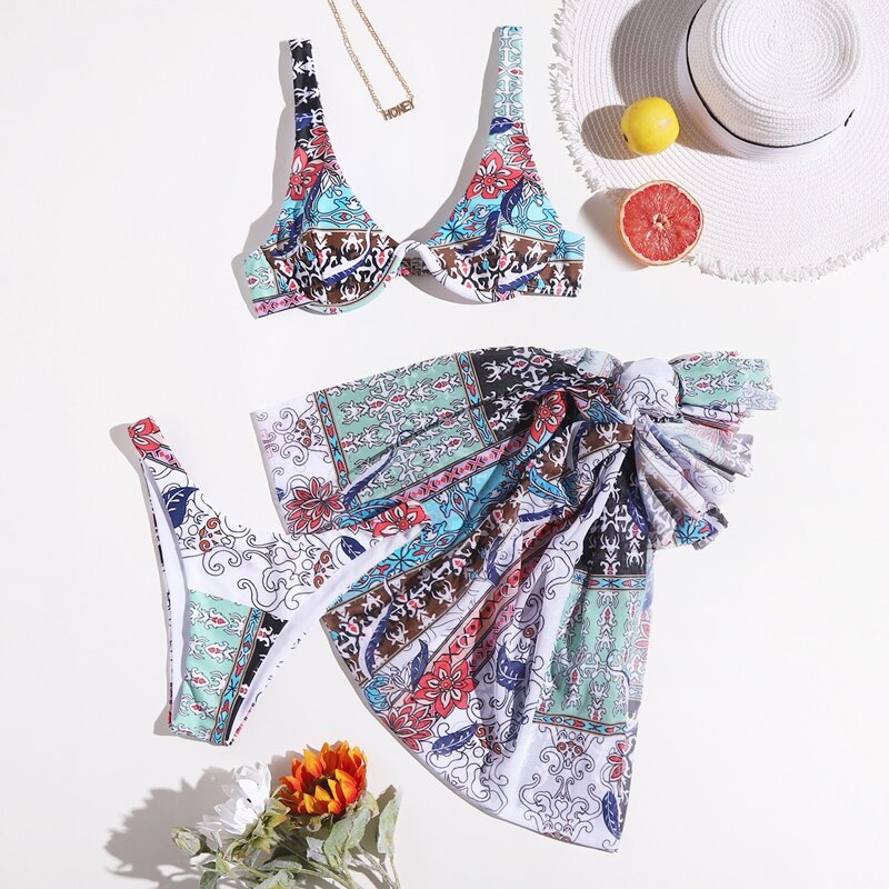 

3pack Floral Underwire Bikini Swimsuit & Beach Skirt, Multicolor