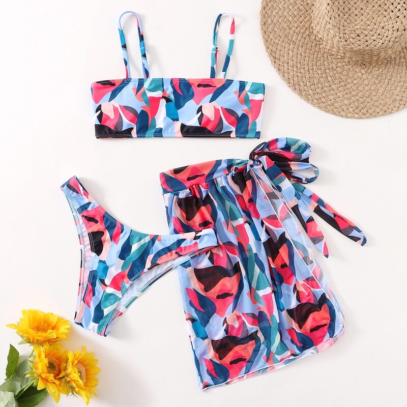 

3pack Colorblock Bikini Swimsuit & Tie Side Skirt, Multicolor