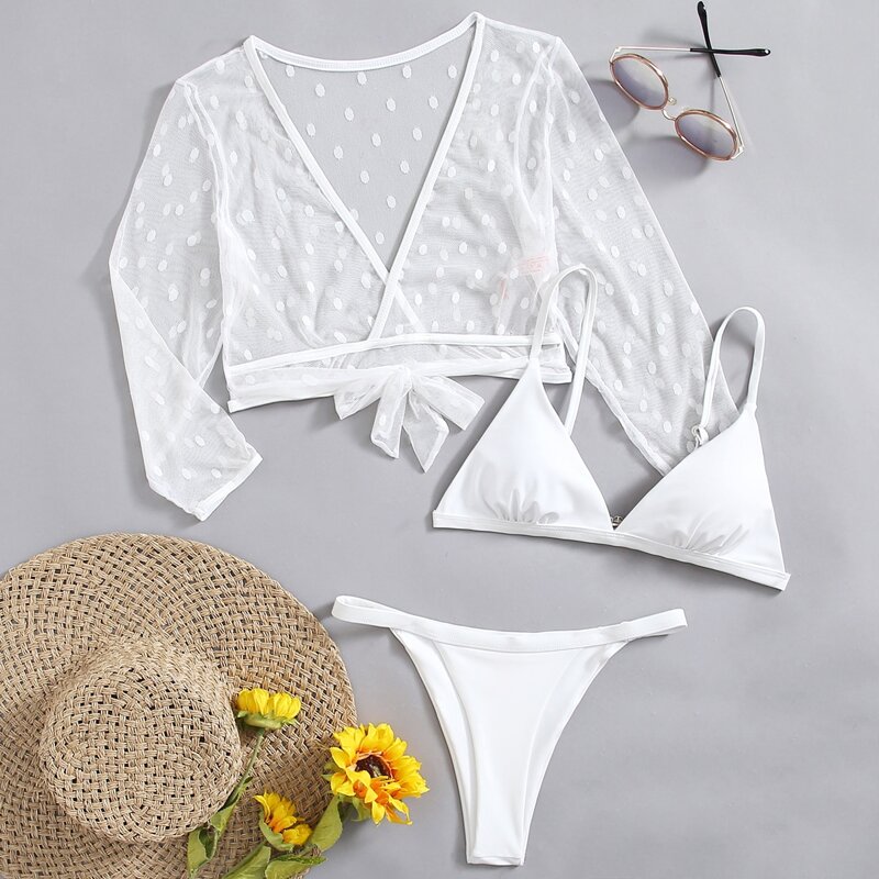 

3pack Solid Bikini Swimsuit & Polka Dot Mesh Cover Up, White
