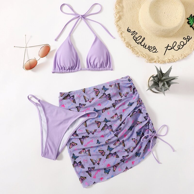 

3pack Butterfly Print Triangle Bikini Swimsuit, Purple