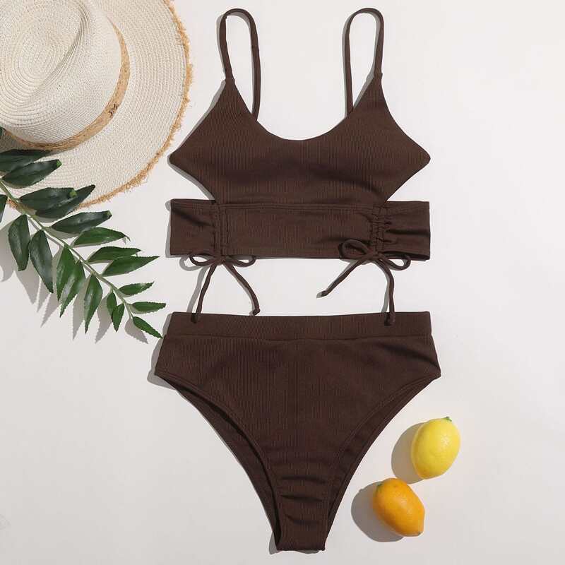 

Drawstring Cut-out Bikini Swimsuit, Coffee brown