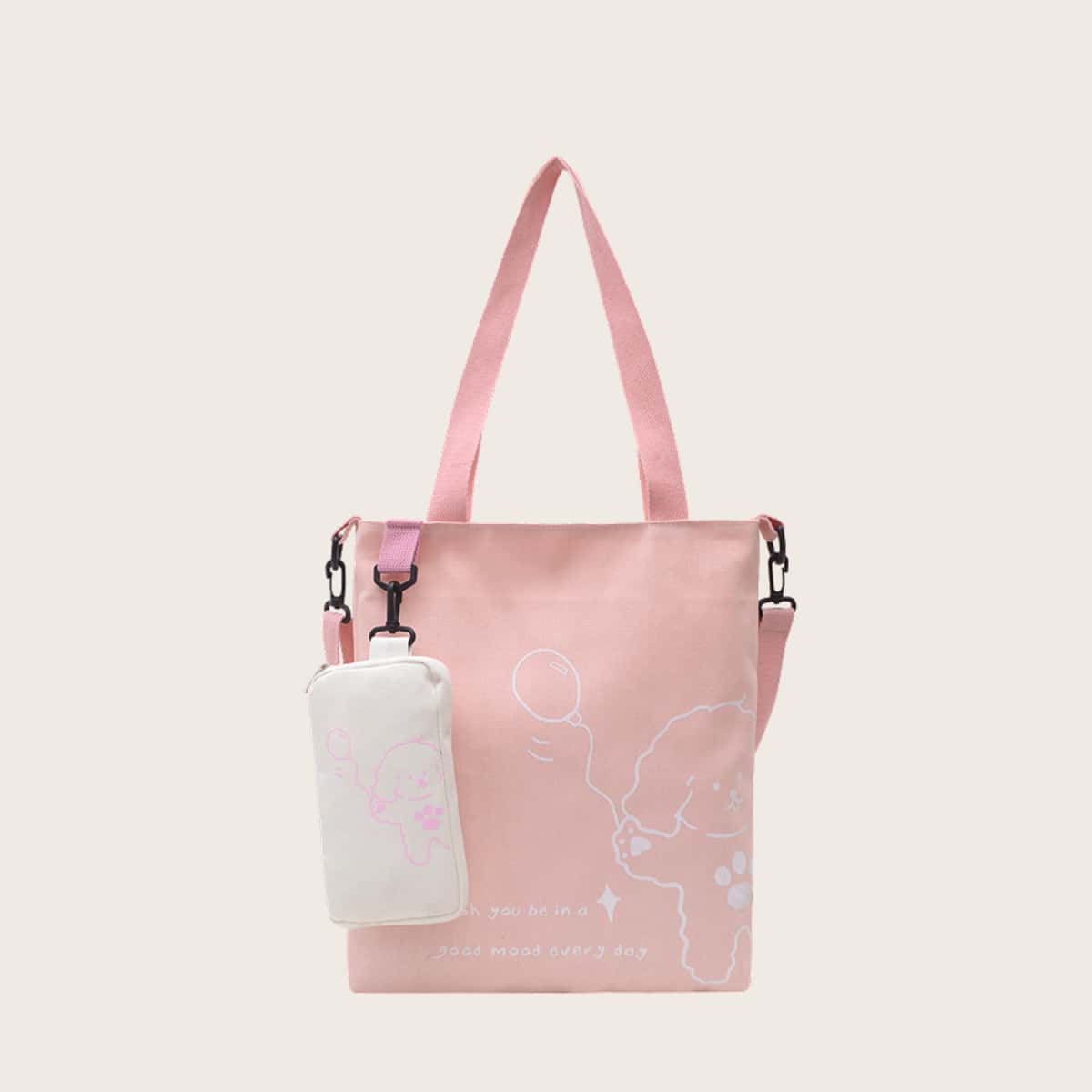 

Cartoon Bear Tote Bag With Pencil Case, Baby pink
