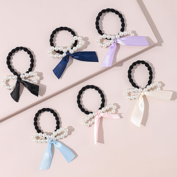 

6pcs Girls Faux Pearl Bow Knot Decor Hair Tie, Multicolor